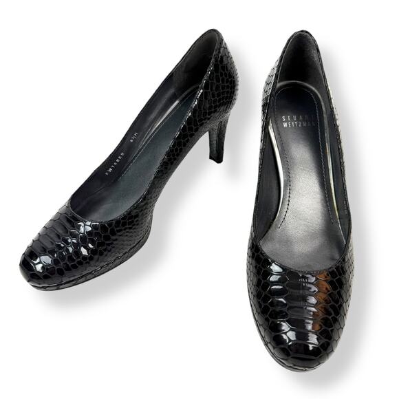 STUART WEITZMAN shiny black snakeskin leather platform heels - Picture 15 of 16